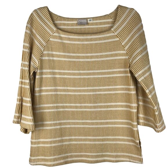 Anthropologie Postage Stamp Knit Top Square Neck 3/4 Sleeve Striped Yellow XS - Picture 1 of 8